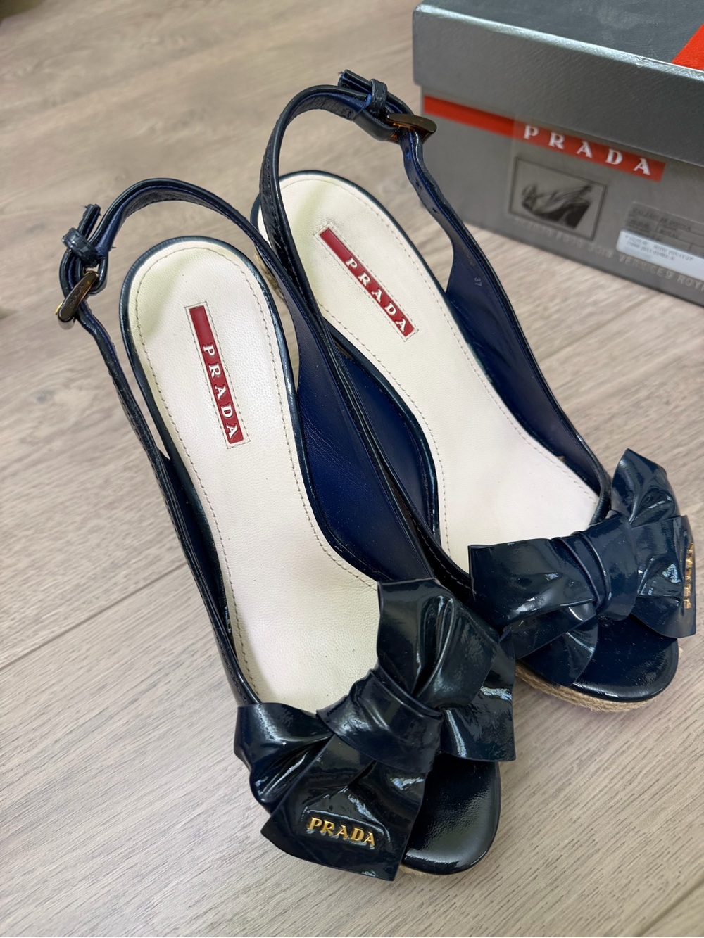 Prada Blue Patent Leather Slingback Wedge Sandals Very Cute, Excellent Condition